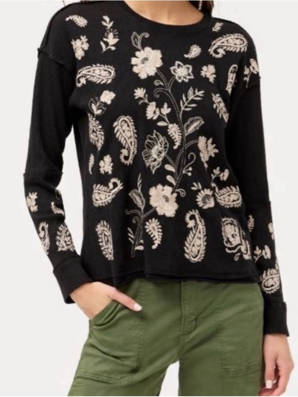 JW Black Floral Paisley Embroidered Long-Sleeve Waffle Knit Top